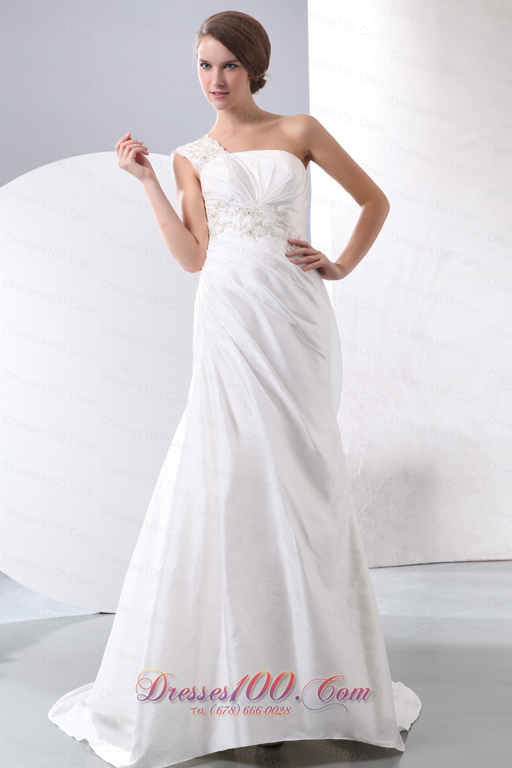 One Shoulder Court Train Wedding Dress Appliques With Beading