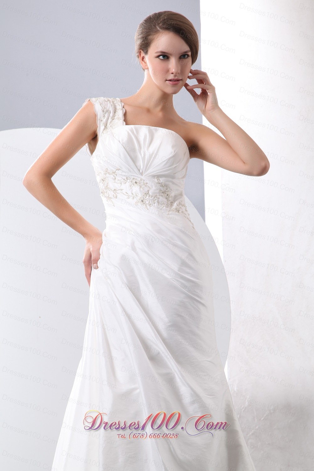 One Shoulder Court Train Wedding Dress Appliques With Beading