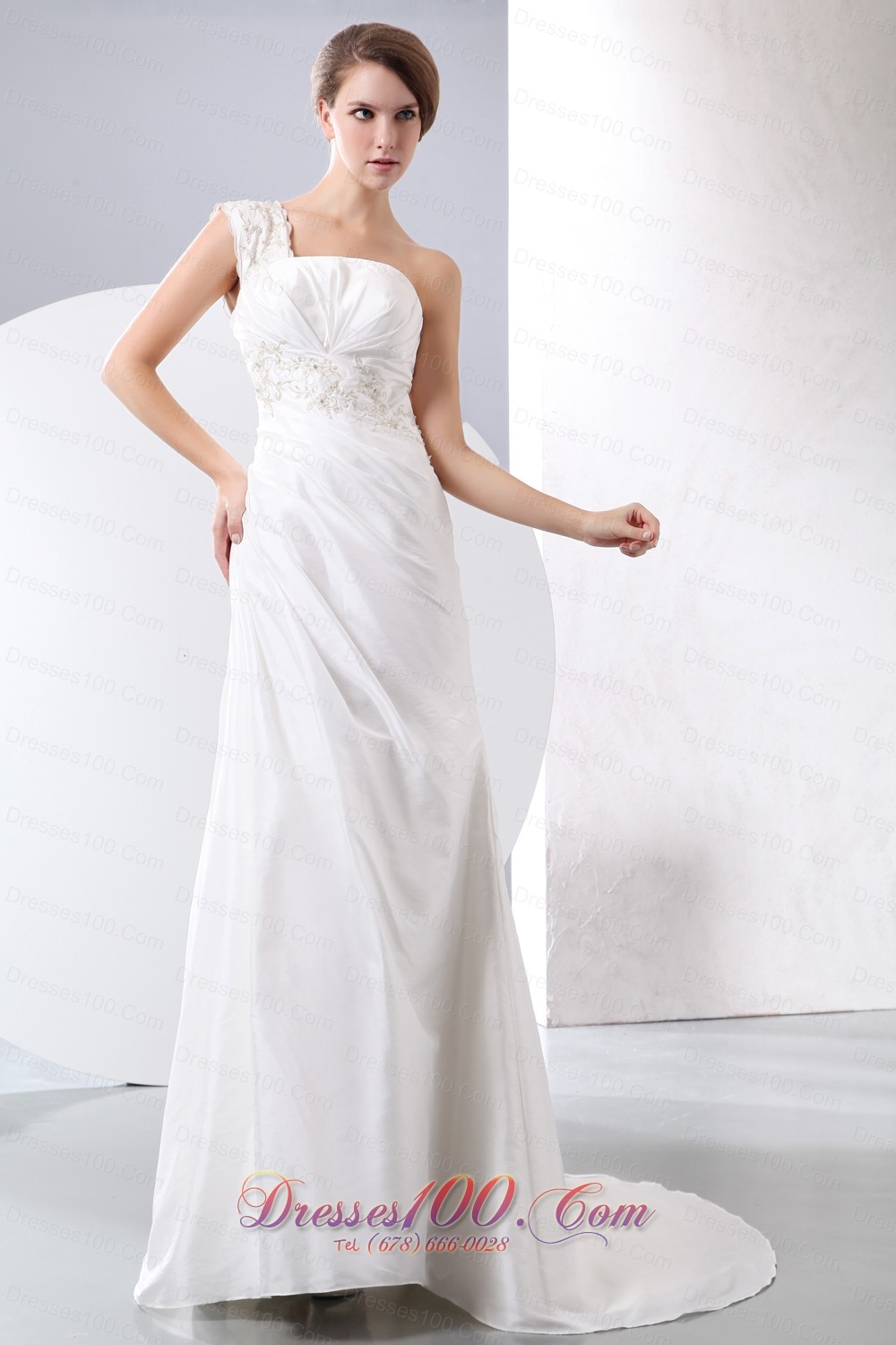 One Shoulder Court Train Wedding Dress Appliques With Beading