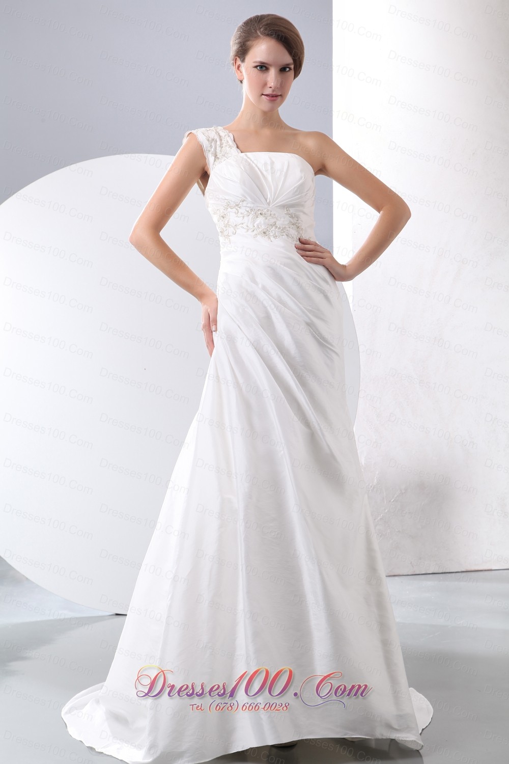 One Shoulder Court Train Wedding Dress Appliques With Beading