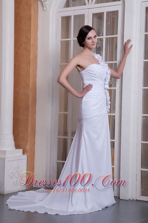 One Shoulder Brush Train Wedding Dress Chiffon Hand Made Flower