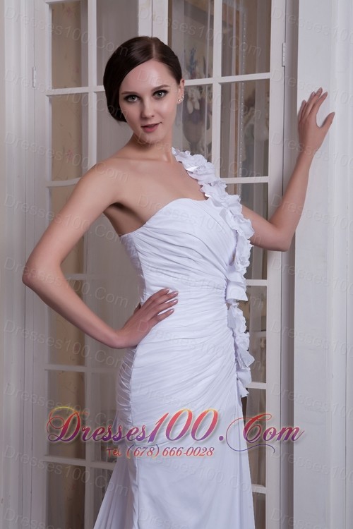 One Shoulder Brush Train Wedding Dress Chiffon Hand Made Flower