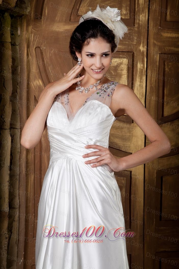 V-neck Straps Elastic Woven Satin A-line Beaded Wedding Gown