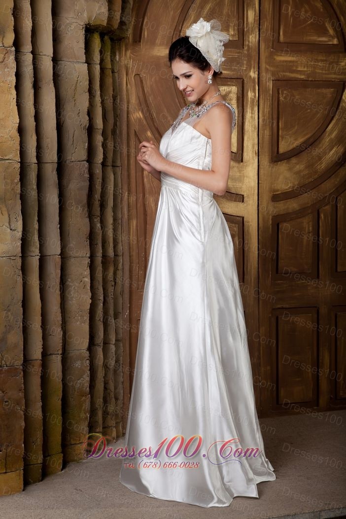 V-neck Straps Elastic Woven Satin A-line Beaded Wedding Gown