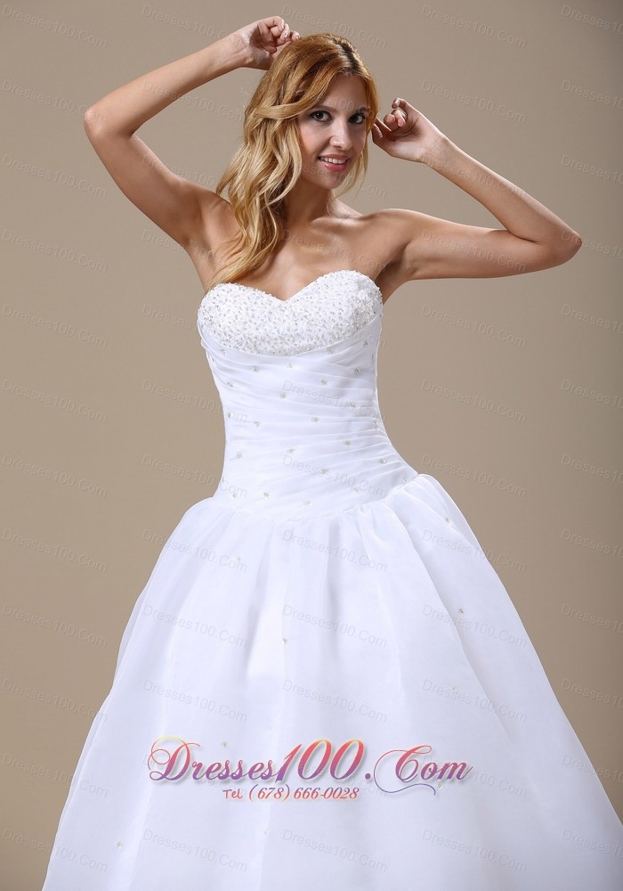 Sweetheart Beaded Ruched Organza Wedding Dress Court Train