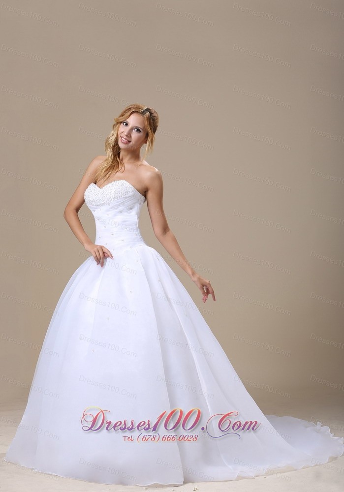 Sweetheart Beaded Ruched Organza Wedding Dress Court Train