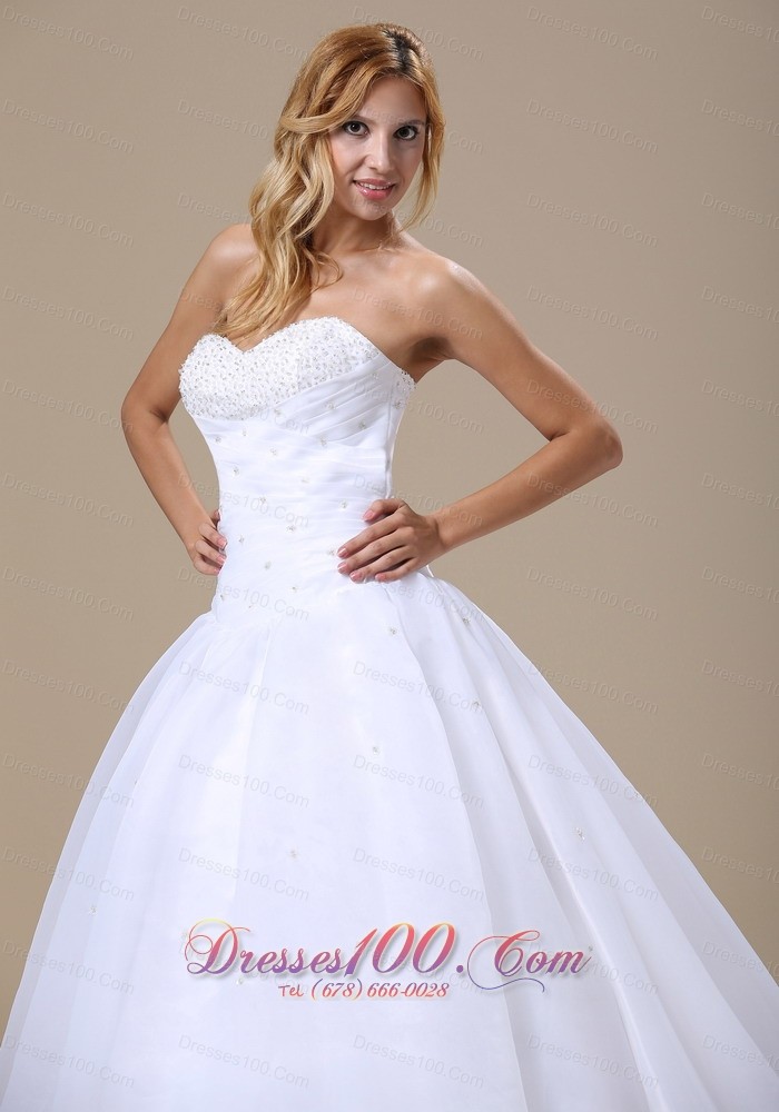 Sweetheart Beaded Ruched Organza Wedding Dress Court Train