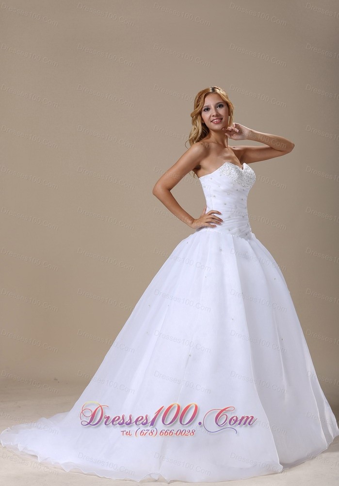 Sweetheart Beaded Ruched Organza Wedding Dress Court Train