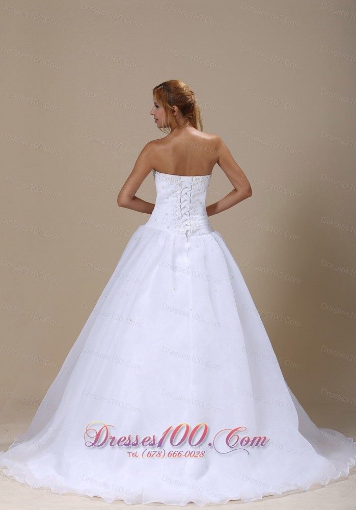 Sweetheart Beaded Ruched Organza Wedding Dress Court Train