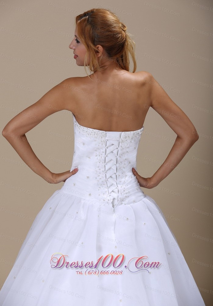 Sweetheart Beaded Ruched Organza Wedding Dress Court Train