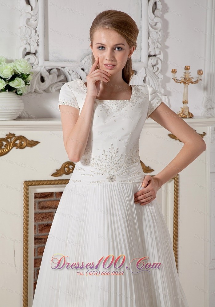 Square Short Sleeves Beading Wedding Dress Chiffon Court Train