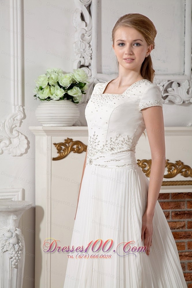 Square Short Sleeves Beading Wedding Dress Chiffon Court Train