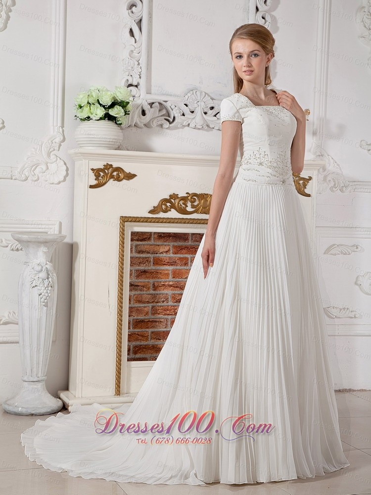 Square Short Sleeves Beading Wedding Dress Chiffon Court Train
