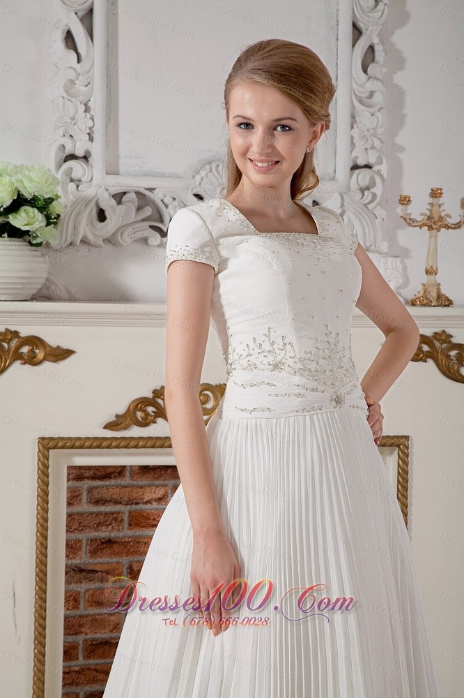 Square Short Sleeves Beading Wedding Dress Chiffon Court Train