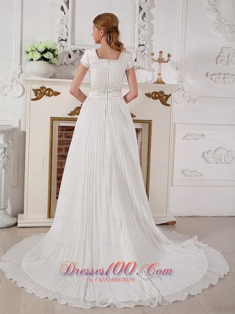 Square Short Sleeves Beading Wedding Dress Chiffon Court Train