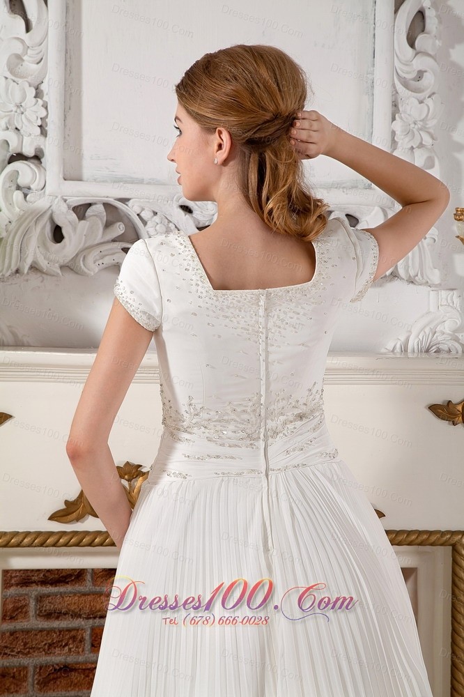 Square Short Sleeves Beading Wedding Dress Chiffon Court Train
