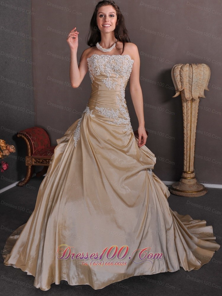 Strapless Champagne Wedding Gown Appliques Taffeta Chapel Train