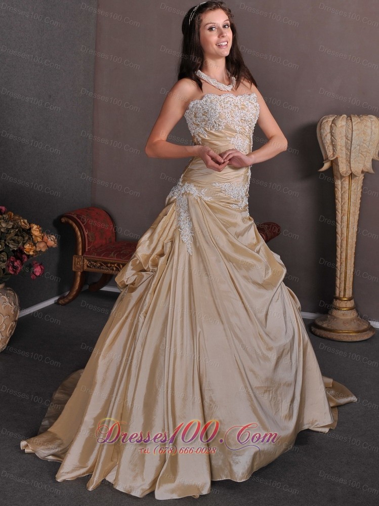 Strapless Champagne Wedding Gown Appliques Taffeta Chapel Train