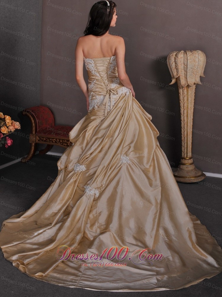 Strapless Champagne Wedding Gown Appliques Taffeta Chapel Train