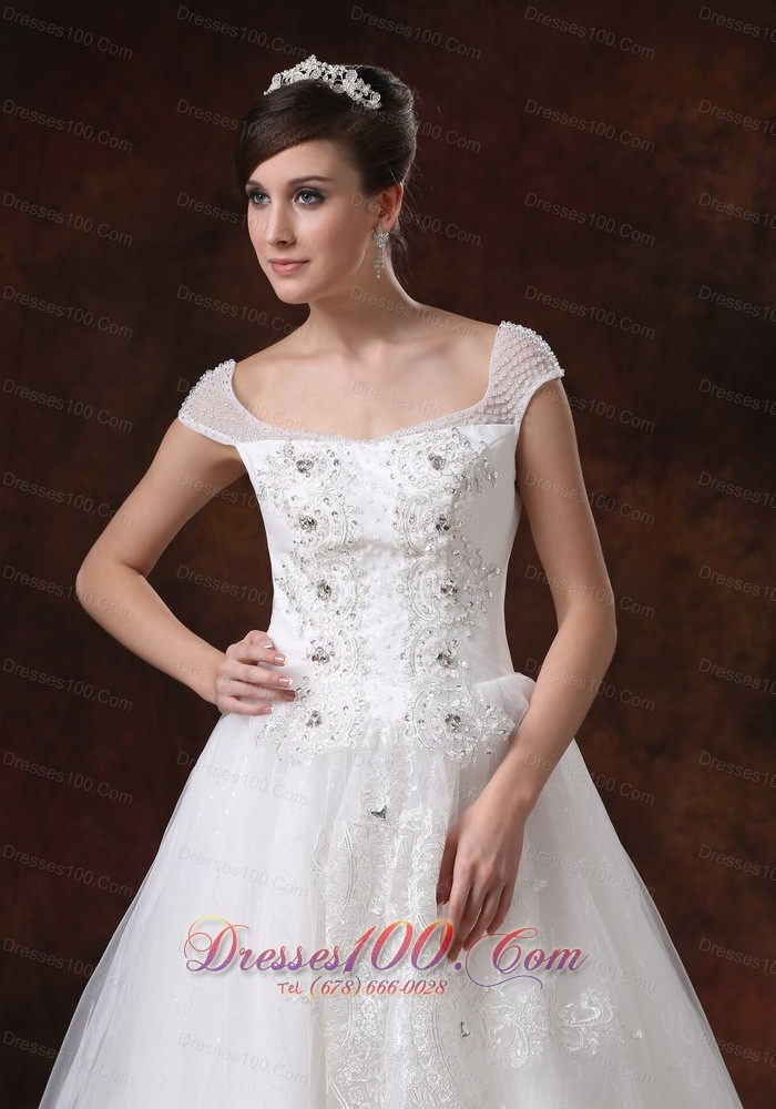 Square Straps A-line Appliques Wedding Gown Chapel Train