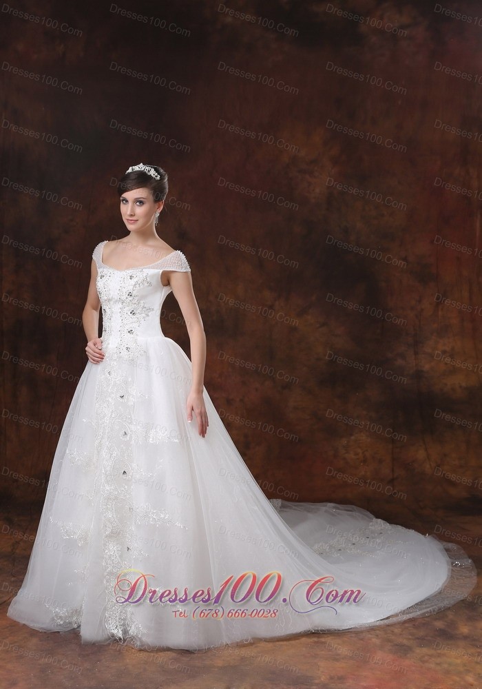 Square Straps A-line Appliques Wedding Gown Chapel Train