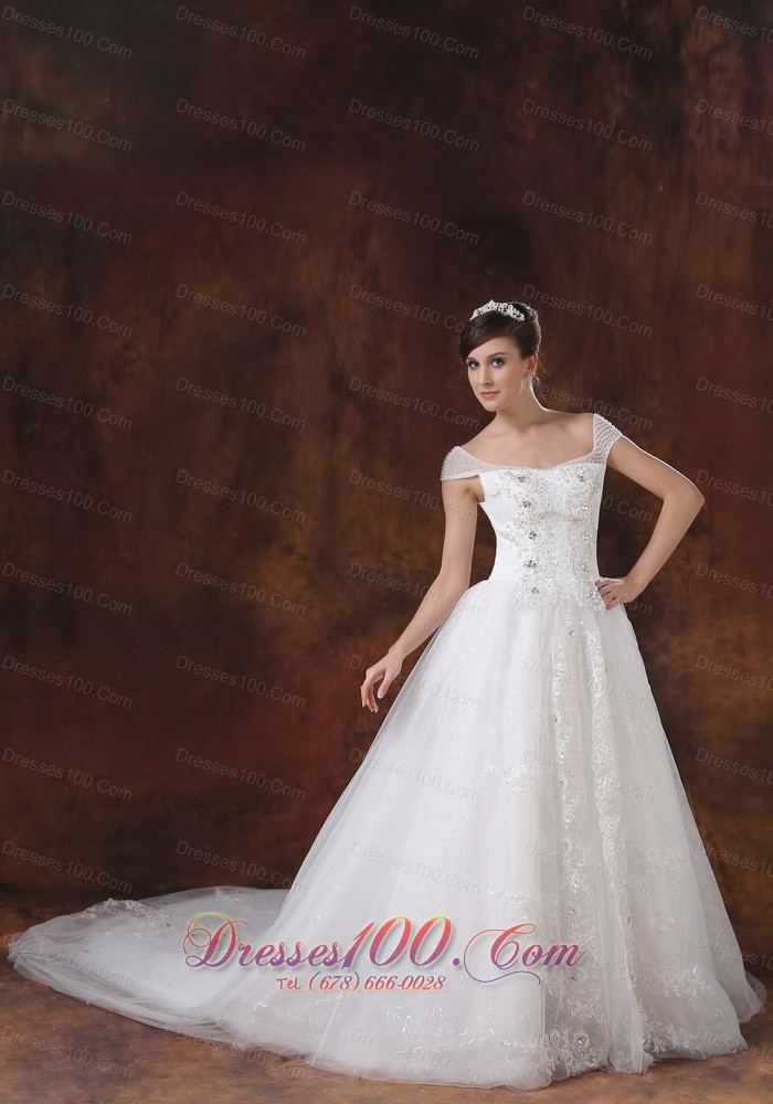 Square Straps A-line Appliques Wedding Gown Chapel Train