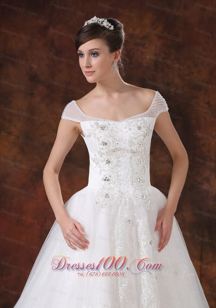 Square Straps A-line Appliques Wedding Gown Chapel Train