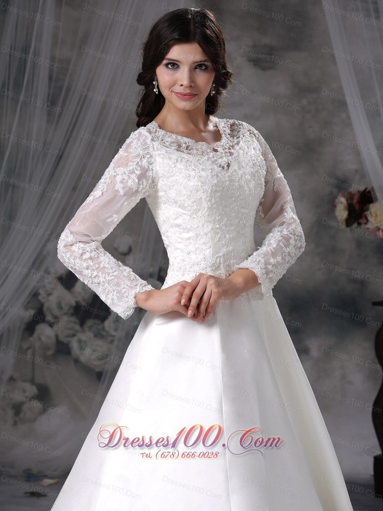 Chapel Train Satin and Lace Bridal Dress A-line V-neck