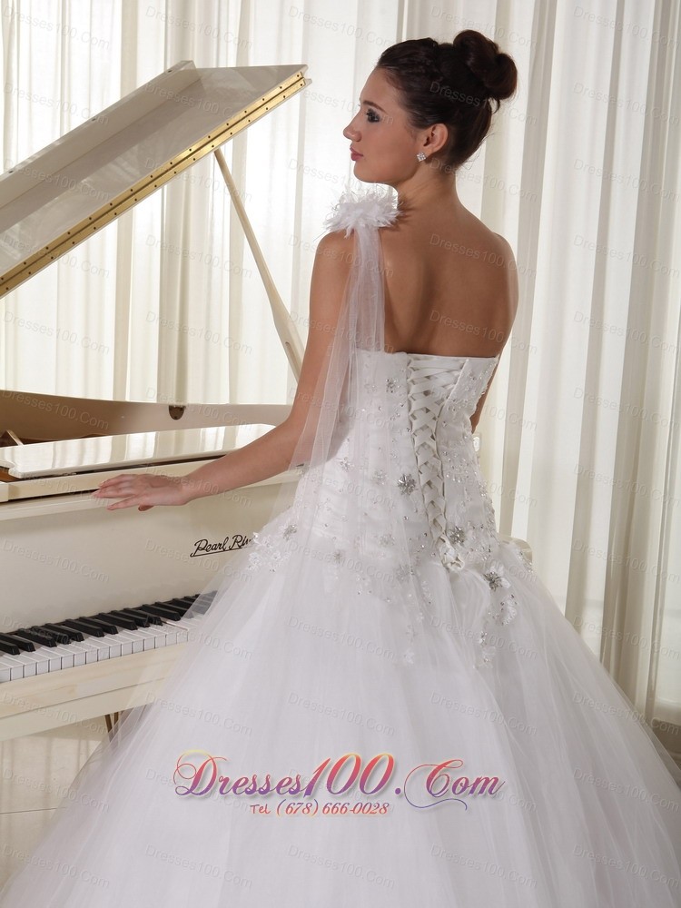 Appliques and Beading One Shoulder Wedding Gown Watteau Train