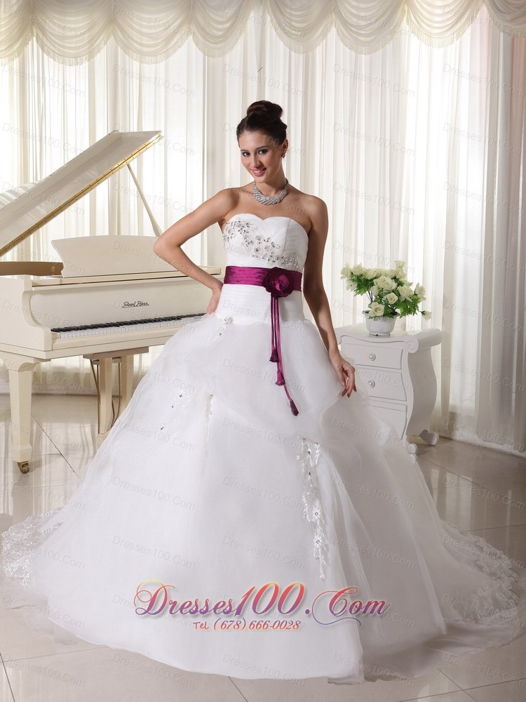 Organza Sweetheart Weding Gown Handle Flowers Belt Court Train