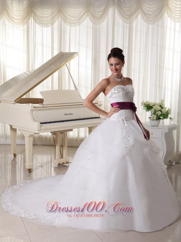 Organza Sweetheart Weding Gown Handle Flowers Belt Court Train