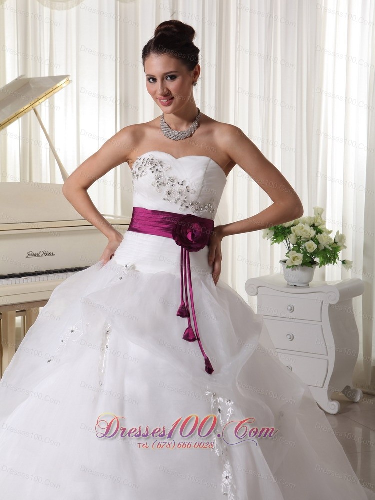 Organza Sweetheart Weding Gown Handle Flowers Belt Court Train