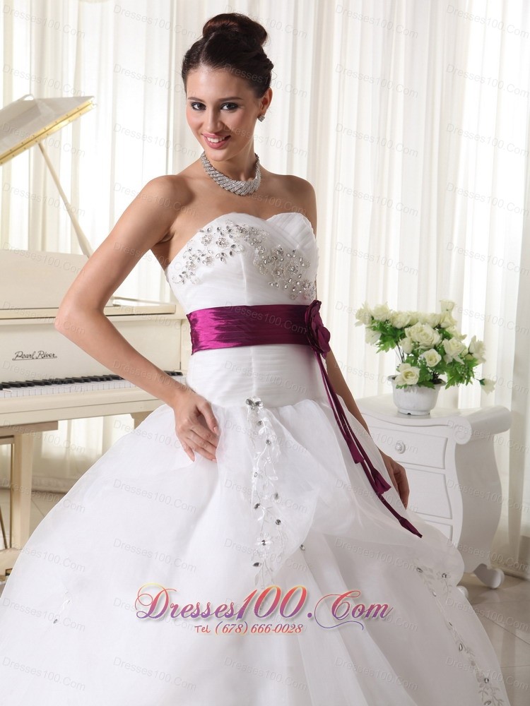 Organza Sweetheart Weding Gown Handle Flowers Belt Court Train