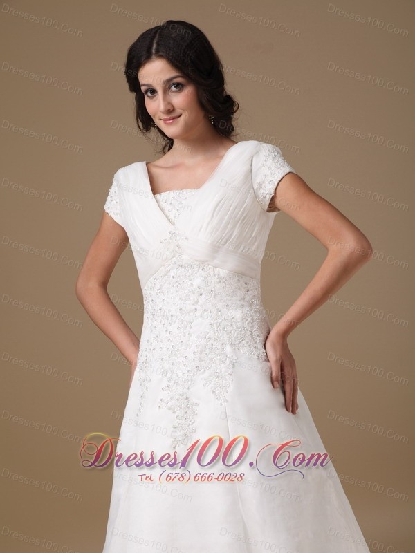 Organza and Taffeta Wedding Gown V-neck Appliques Court Train
