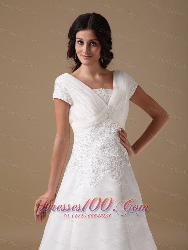 Organza and Taffeta Wedding Gown V-neck Appliques Court Train