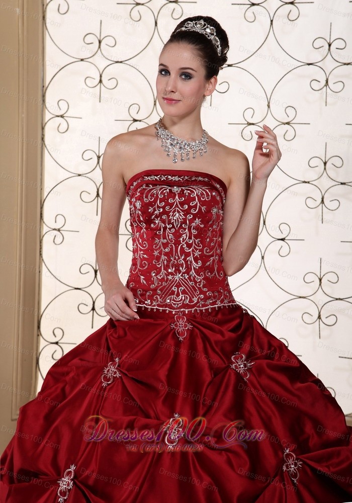 Wine Red Strapless Bridal Gown Pick-ups Embroidery Taffeta
