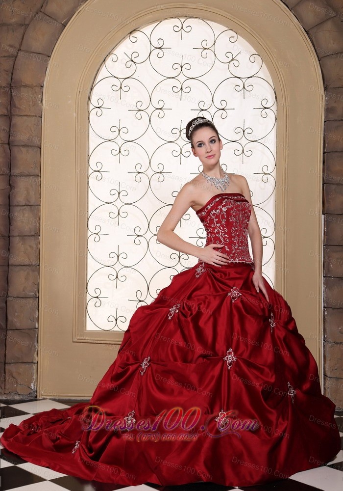 Wine Red Strapless Bridal Gown Pick-ups Embroidery Taffeta