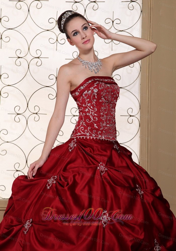 Wine Red Strapless Bridal Gown Pick-ups Embroidery Taffeta