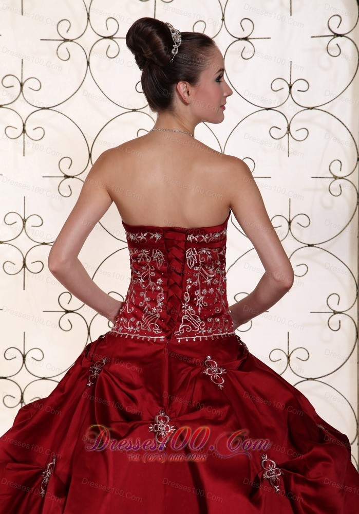 Wine Red Strapless Bridal Gown Pick-ups Embroidery Taffeta