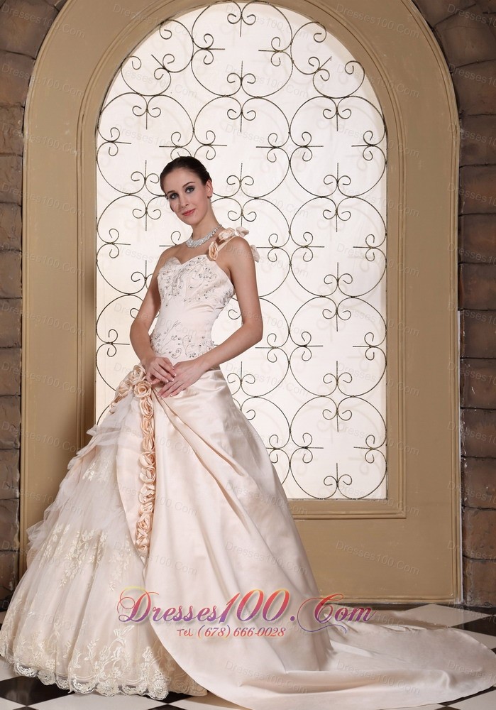 Champagne One Shoulder Bridal Dress Hand Made Flowers Embroidery