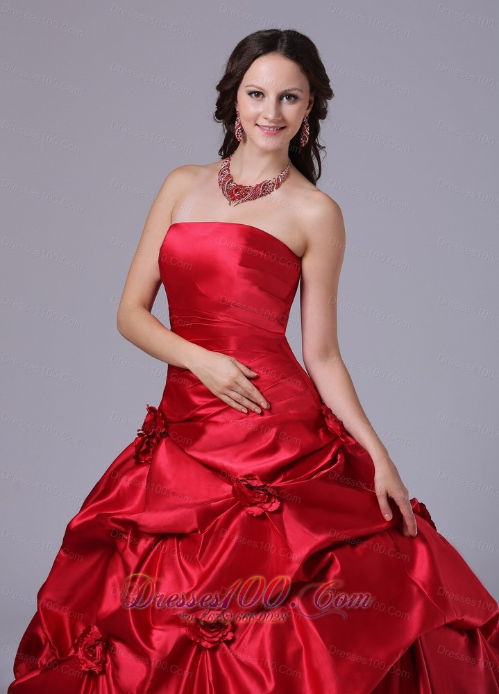 Strapless Wine Red Ball Gown Bridal Dress Court Train Pick-ups