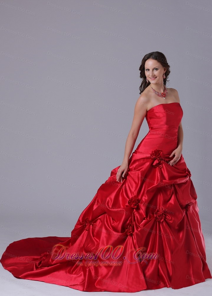 Strapless Wine Red Ball Gown Bridal Dress Court Train Pick-ups