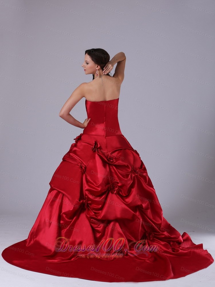 Strapless Wine Red Ball Gown Bridal Dress Court Train Pick-ups