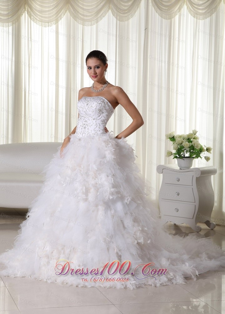 Chapel Train Strapless Embroidery Wedding Dress Satin and Organza
