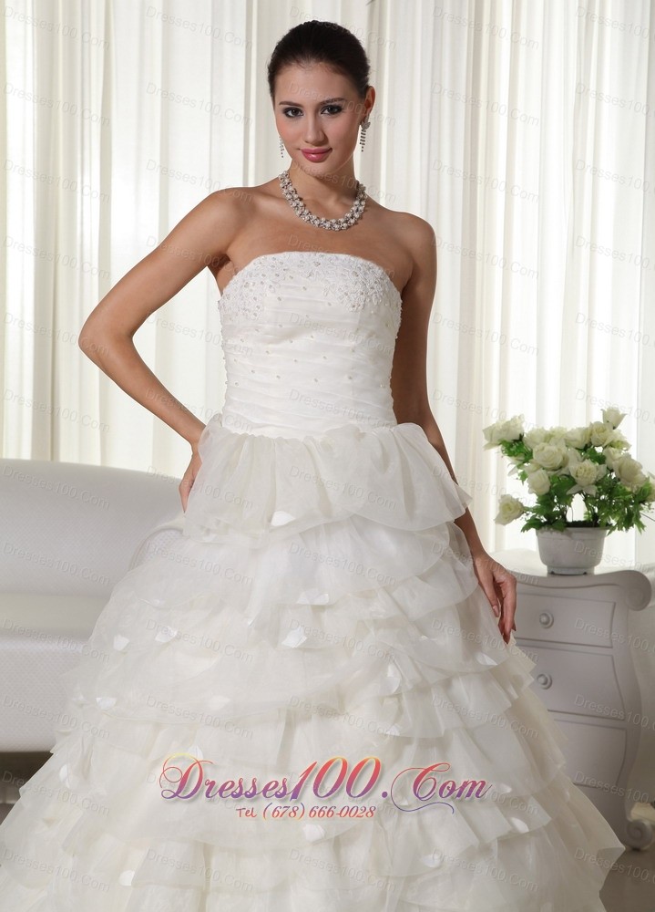 Strapless Wedding Bridal Dress Chapel Train Organza Appliques
