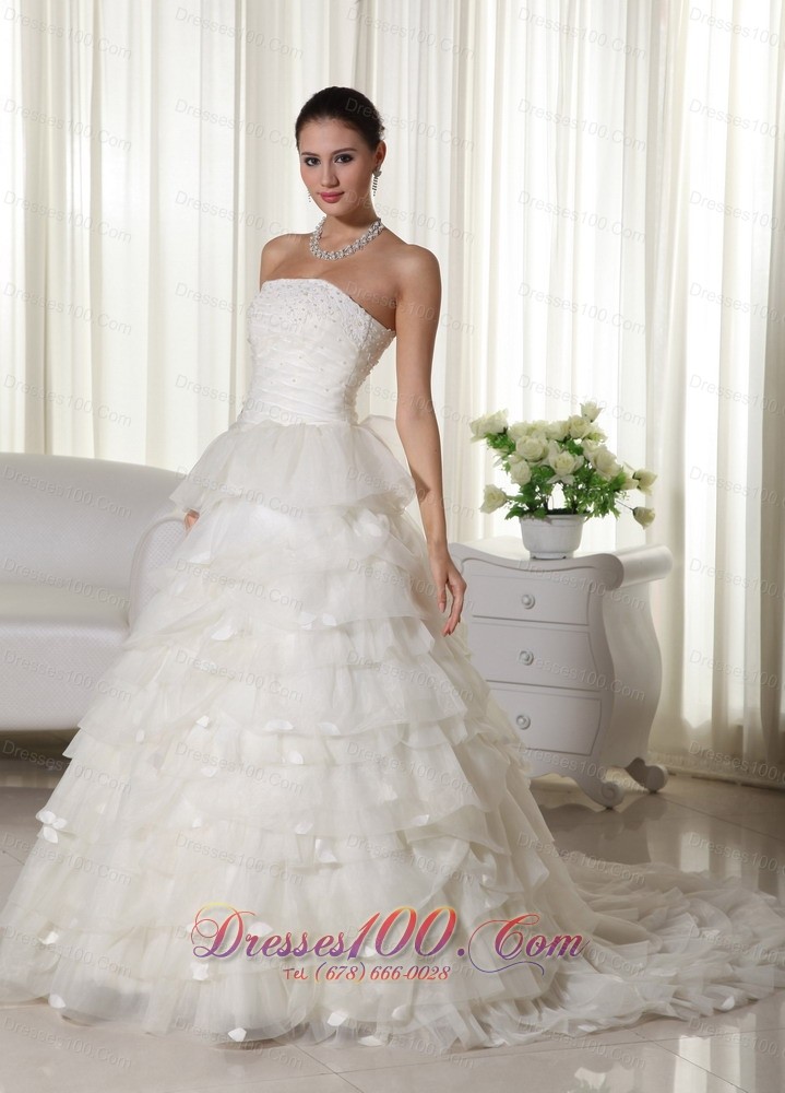Strapless Wedding Bridal Dress Chapel Train Organza Appliques