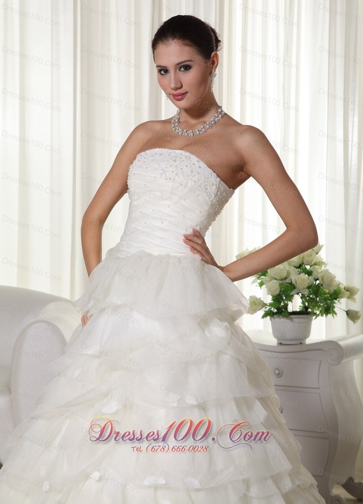 Strapless Wedding Bridal Dress Chapel Train Organza Appliques
