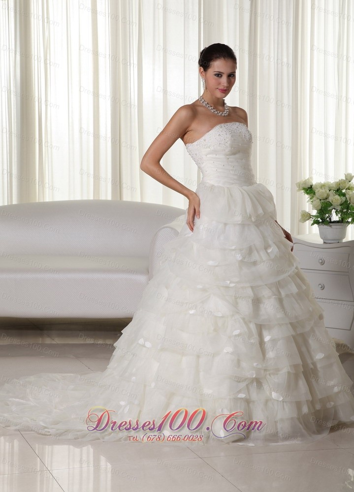 Strapless Wedding Bridal Dress Chapel Train Organza Appliques