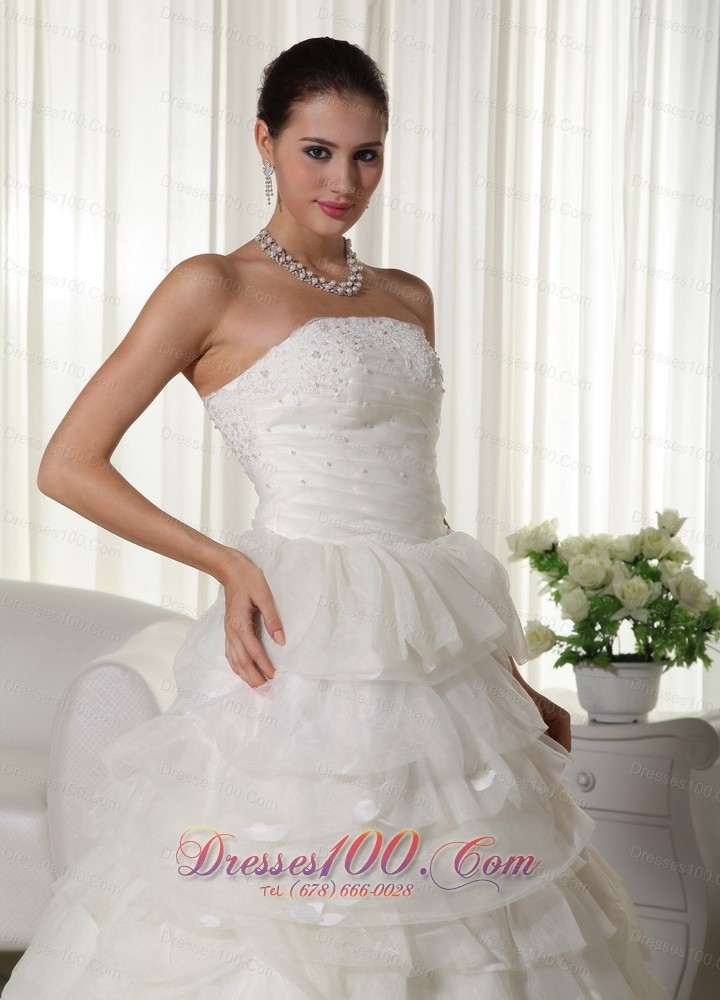 Strapless Wedding Bridal Dress Chapel Train Organza Appliques