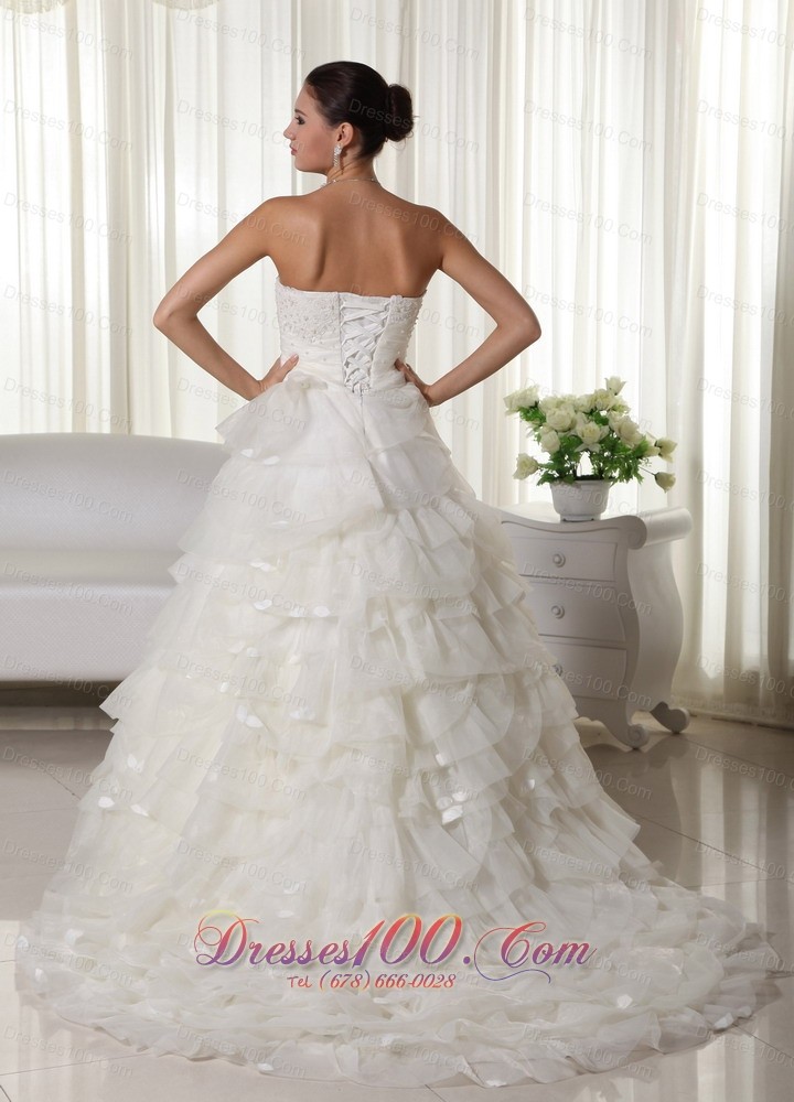Strapless Wedding Bridal Dress Chapel Train Organza Appliques